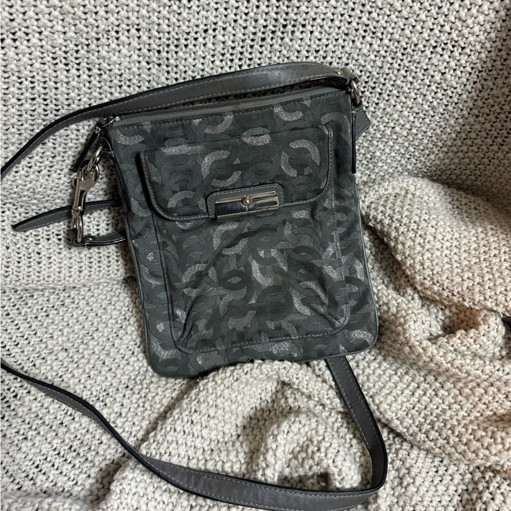 Coach Gray & Metalic Signature Small‎ Trim Crossbody Purse w/ Adjustable Strap